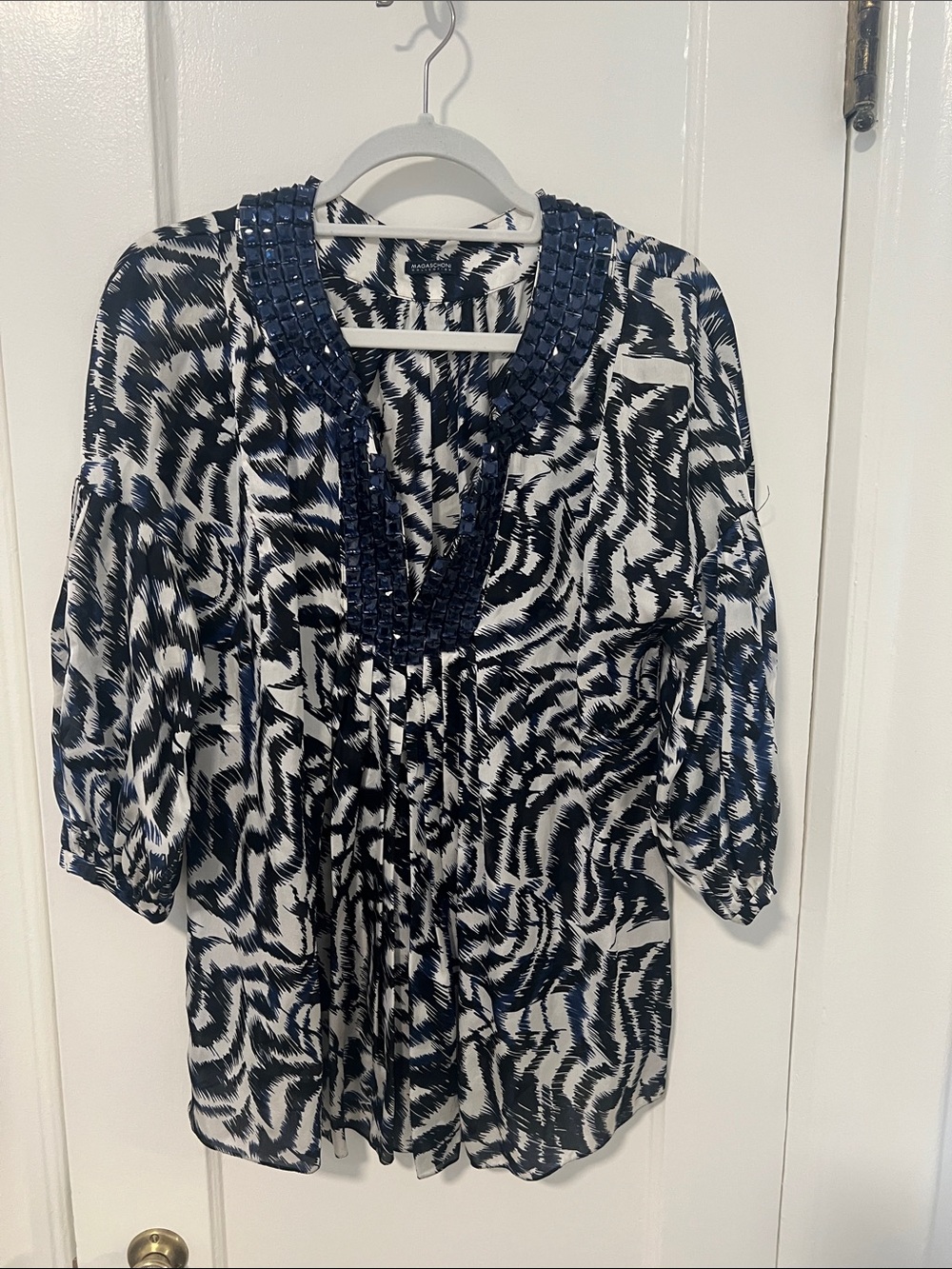 Magaschoni Navy and White Beaded V-Neck Long Sleeve Dress